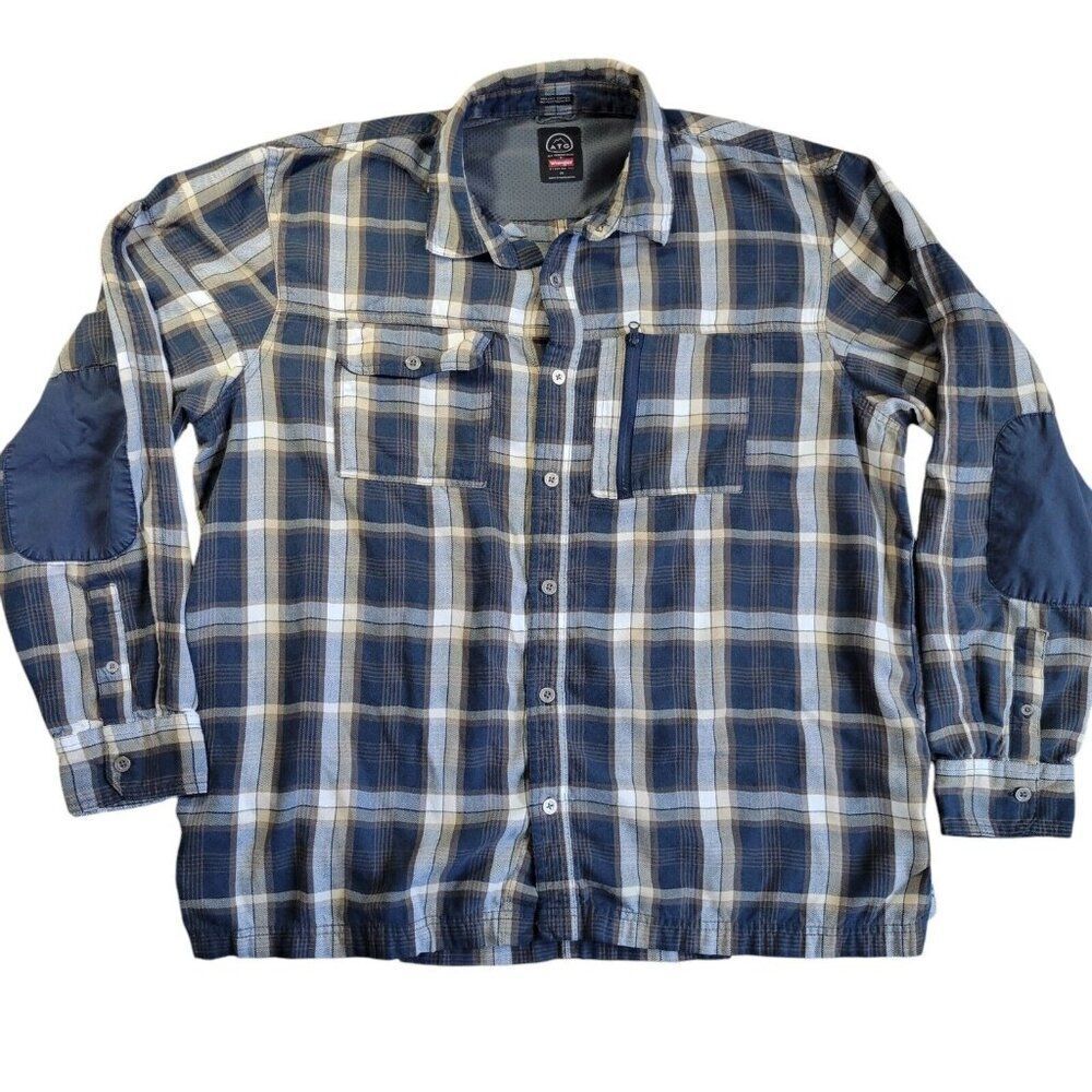 Wrangler ATG Shirt Mens XL Plaid Elbow Patches All Terrain Gear Soft Cotton